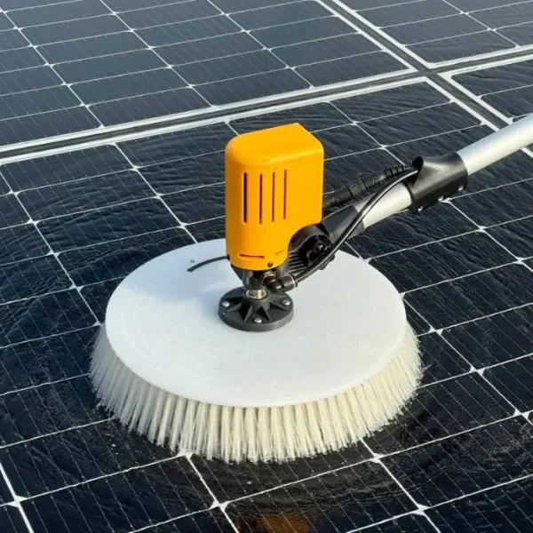 Single rotating brush for solar panel cleaning left view with telescopic pole on solar panels with water